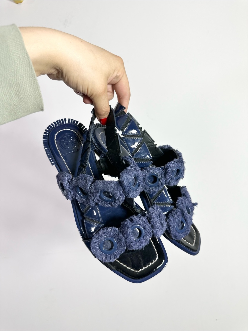 Tory Burch Freya Eyelet Flat Blue Patent Leather Fringe Slingback Sandals